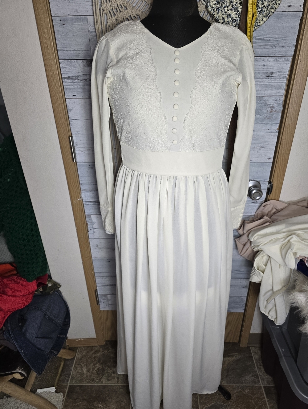 Vtg 70's Long-Sleeve Ivory Wedding Dress Lace Bodice Prairie Edwardian Victorian